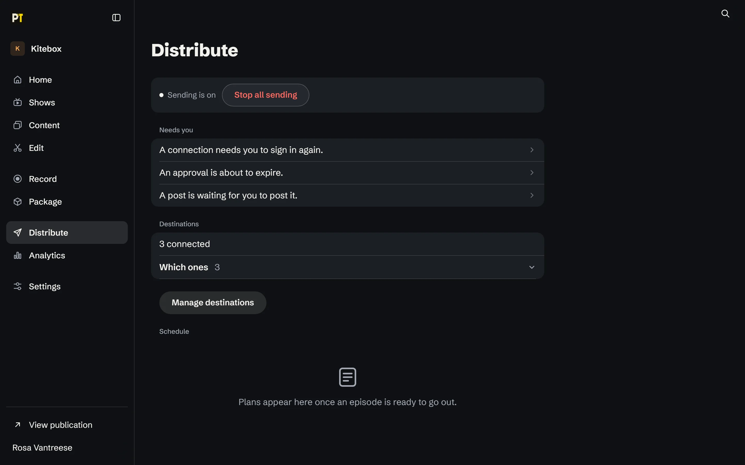 The Distribute page in the Studio for a fictional video studio: sending is on, with a Stop all sending button; three items that need you, one of them an approval about to expire; three connected destinations with a Manage destinations button; and an empty schedule.