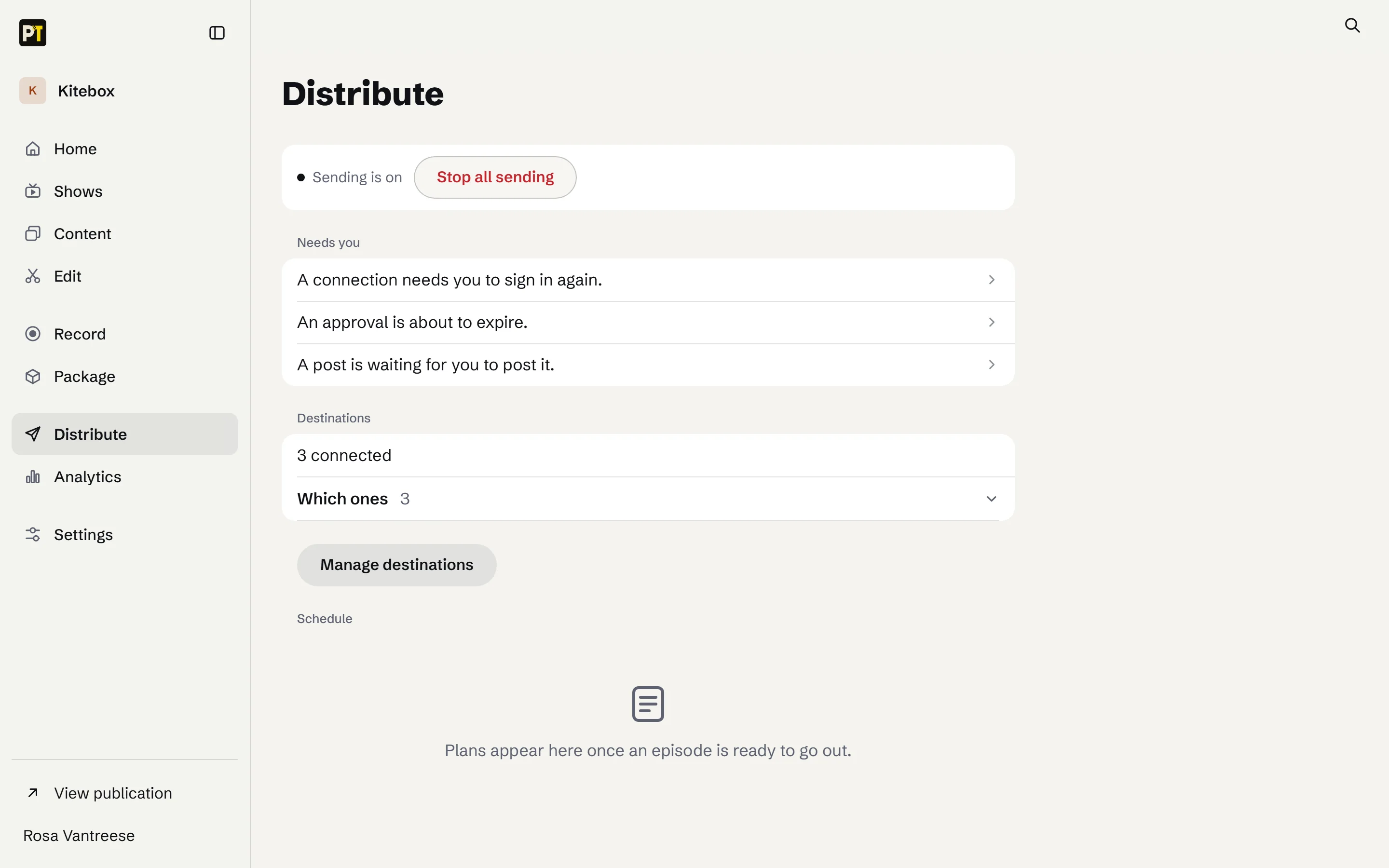 The Distribute page in the Studio for a fictional video studio: sending is on, with a Stop all sending button; three items that need you, one of them an approval about to expire; three connected destinations with a Manage destinations button; and an empty schedule.