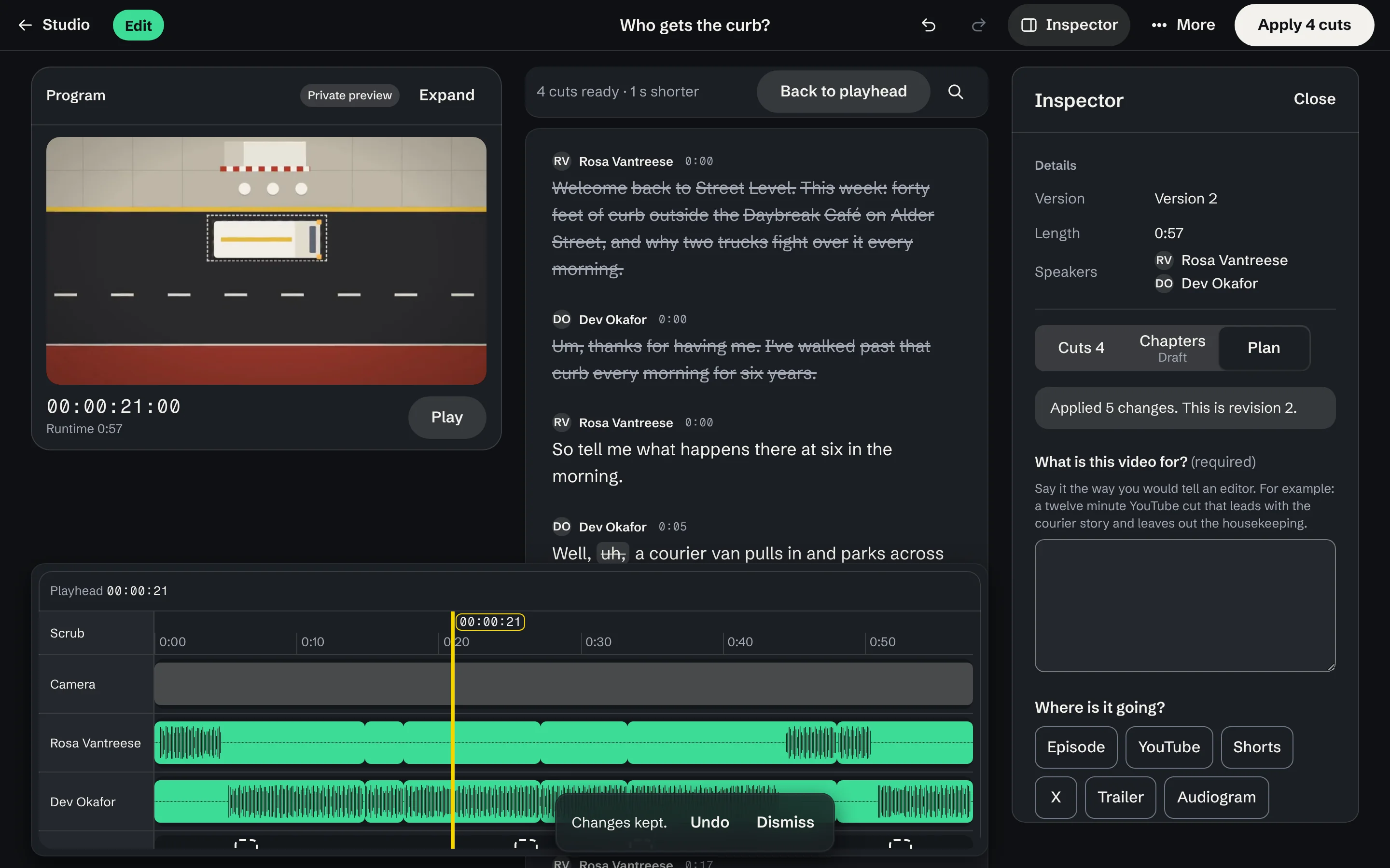The editor's Inspector after Apply: Applied 5 changes. This is revision 2.