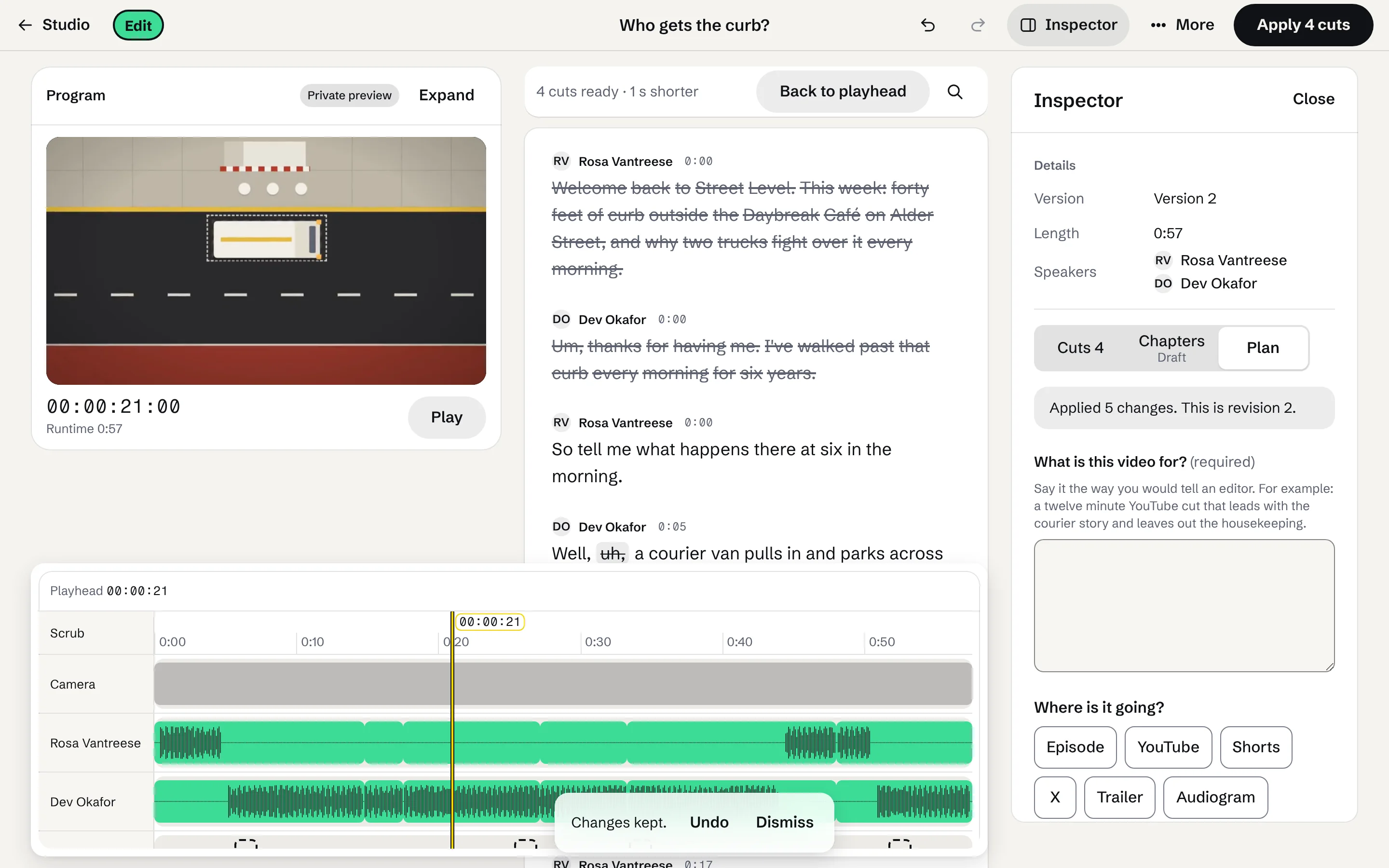 The editor's Inspector after Apply: Applied 5 changes. This is revision 2.