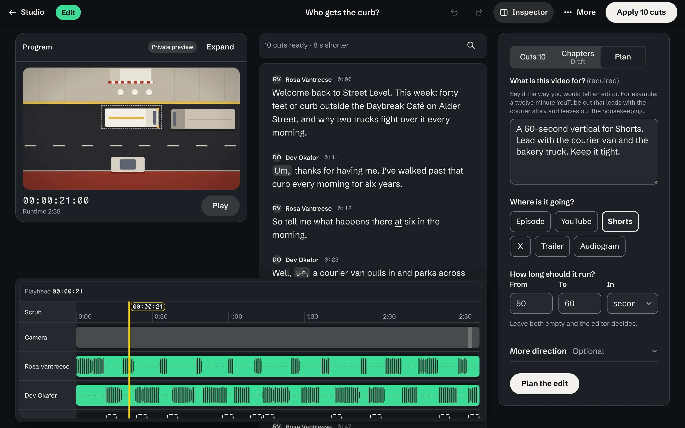 The Plan tab of the editor's Inspector. Under What is this video for, the brief reads: A 60-second vertical for Shorts. Lead with the courier van and the bakery truck. Keep it tight. Under Where is it going, Shorts is chosen from Episode, YouTube, Shorts, X, Trailer and Audiogram.