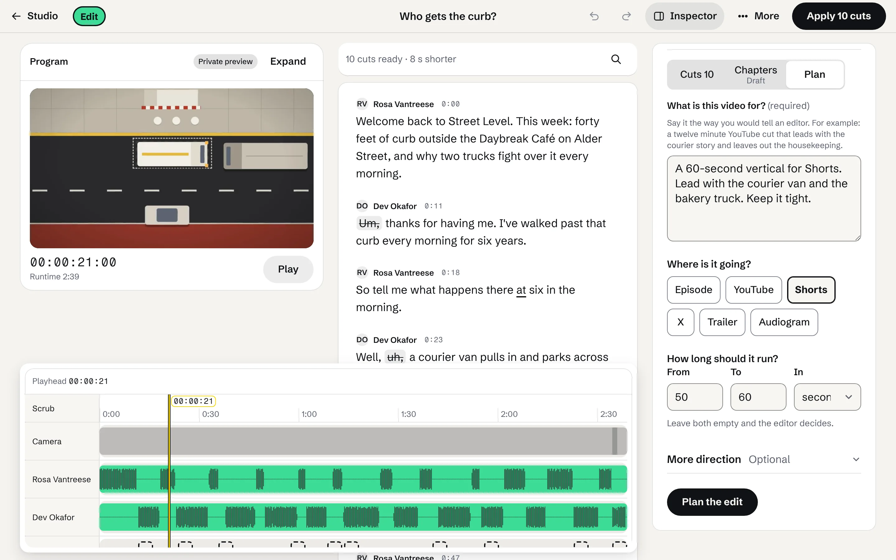 The Plan tab of the editor's Inspector. Under What is this video for, the brief reads: A 60-second vertical for Shorts. Lead with the courier van and the bakery truck. Keep it tight. Under Where is it going, Shorts is chosen from Episode, YouTube, Shorts, X, Trailer and Audiogram.