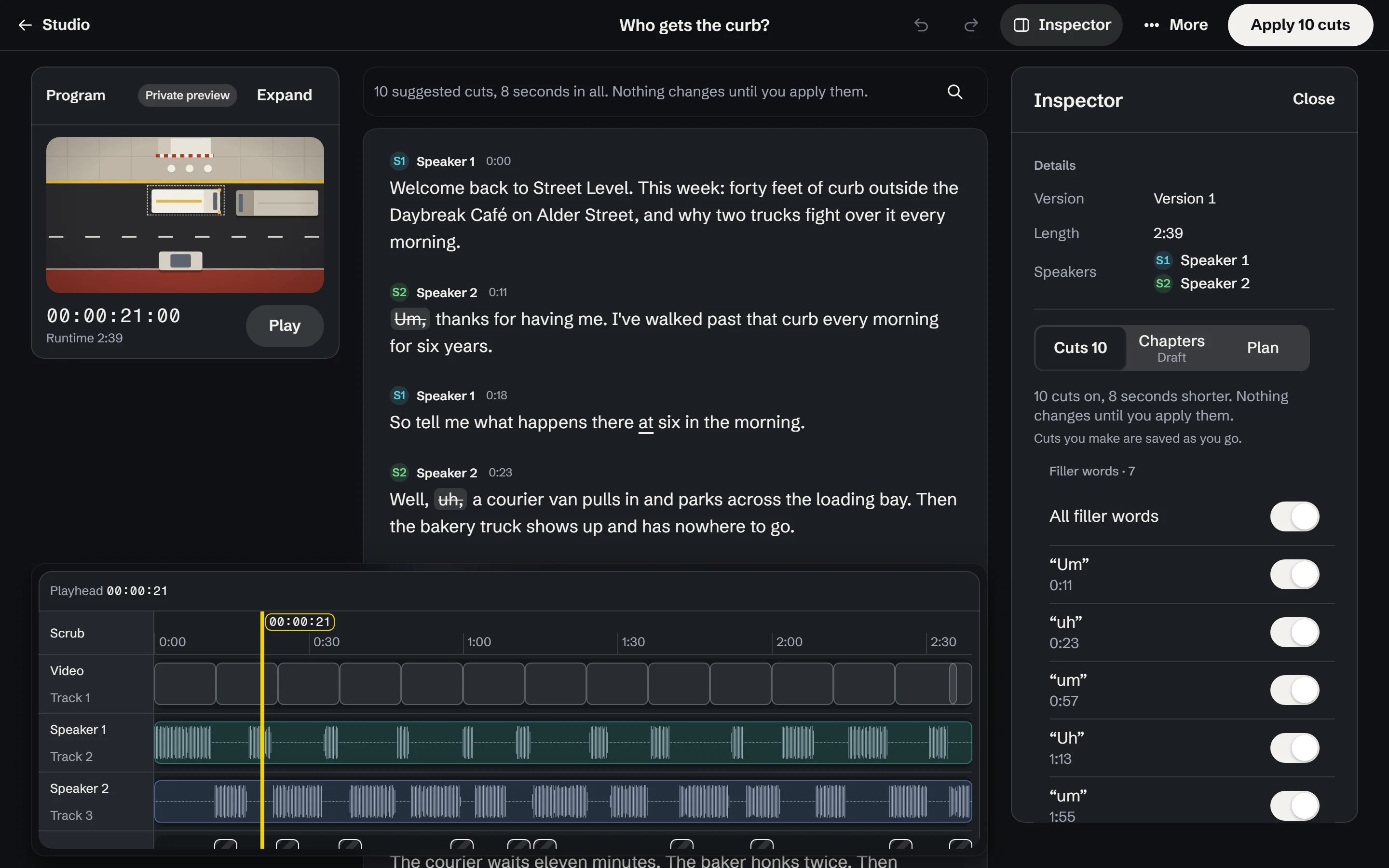 The editor in the Studio: the program monitor showing a street scene above the transcript, the timeline docked below it and the Inspector with its suggested cuts beside it, nothing applied yet.