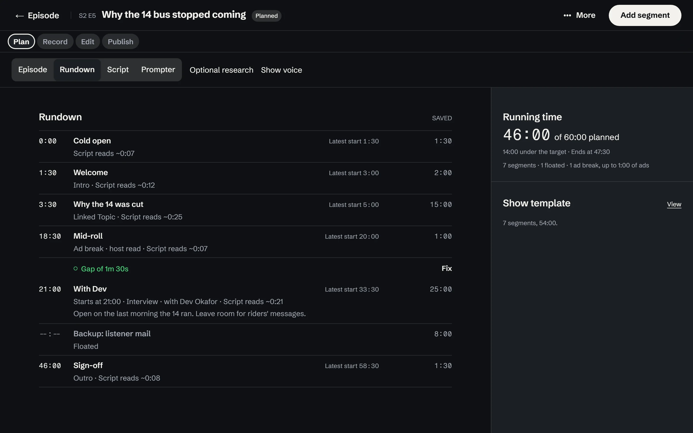 A rundown in the Studio for a fictional episode: six timed segments with an ad break, and the running time against the planned hour.